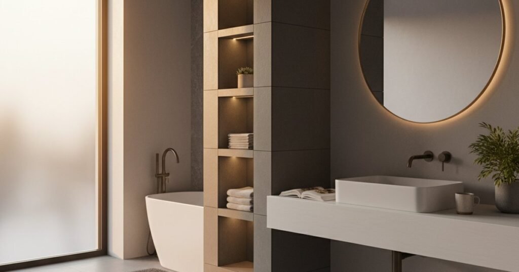 Baño con columnas: cómo integrarlas sin perder metros