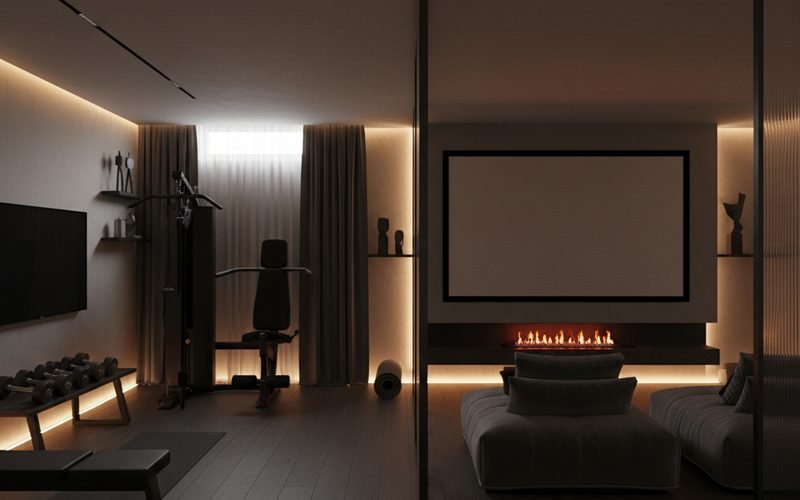 Gimnasio y cine en 70m2: distribución matemática