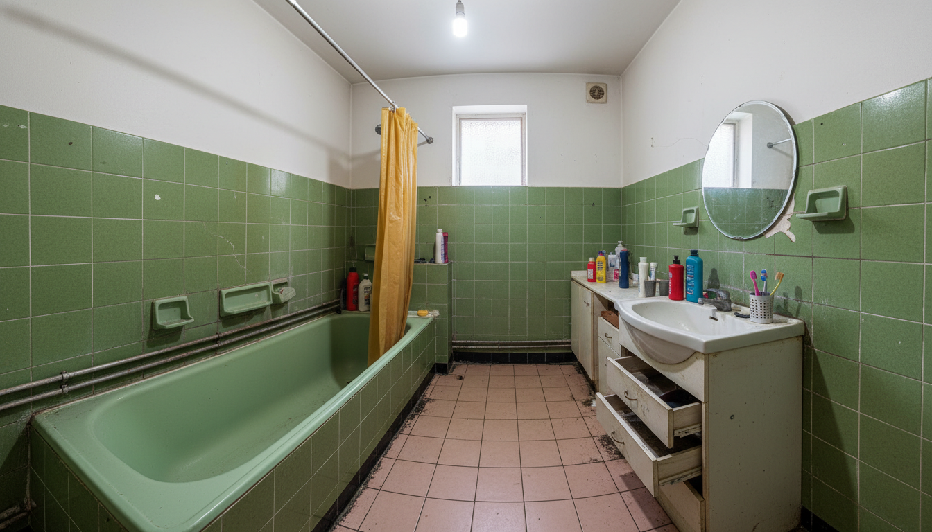 Baño Bilbao antes: años 70 con azulejos verdes, bañera grande, humedad