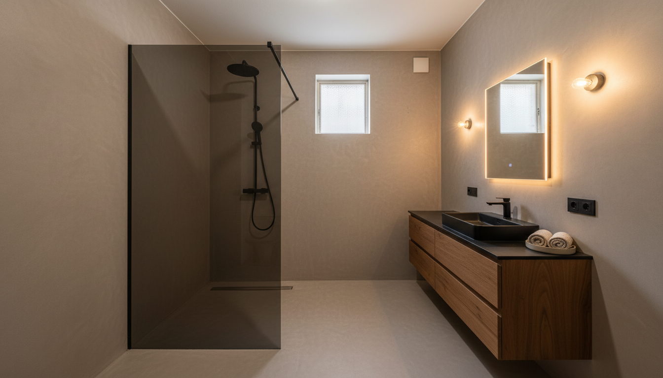 Baño Bilbao después: microcemento, ducha a ras, mueble suspendido
