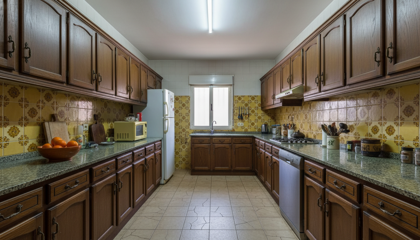 Cocina Madrid antes: muebles roble oscuro años 80, fluorescente único, electrodomésticos dispares