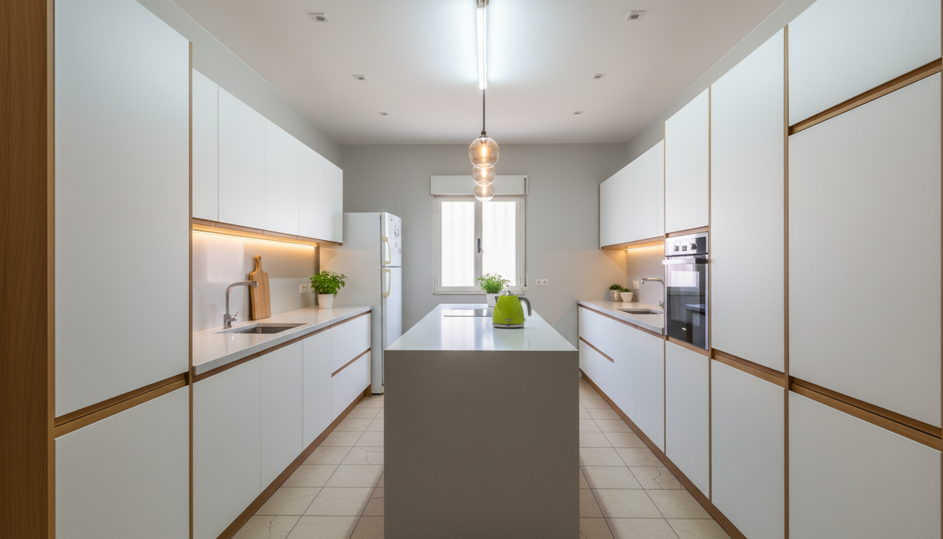 Cocina Madrid después: open-space con isla, blanco mate + madera clara, iluminación en 3 niveles