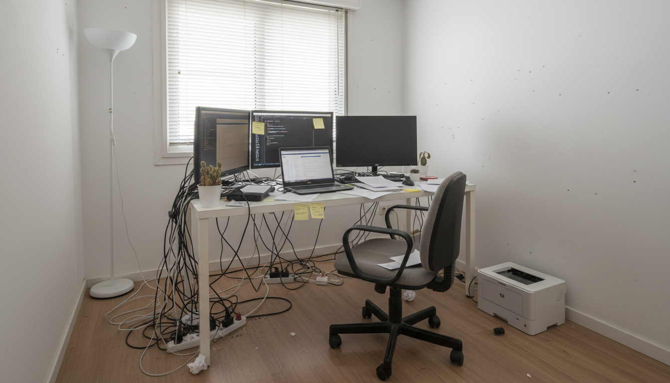 Despacho Palma antes: mesa IKEA genérica, cables tirados, silla de mala calidad