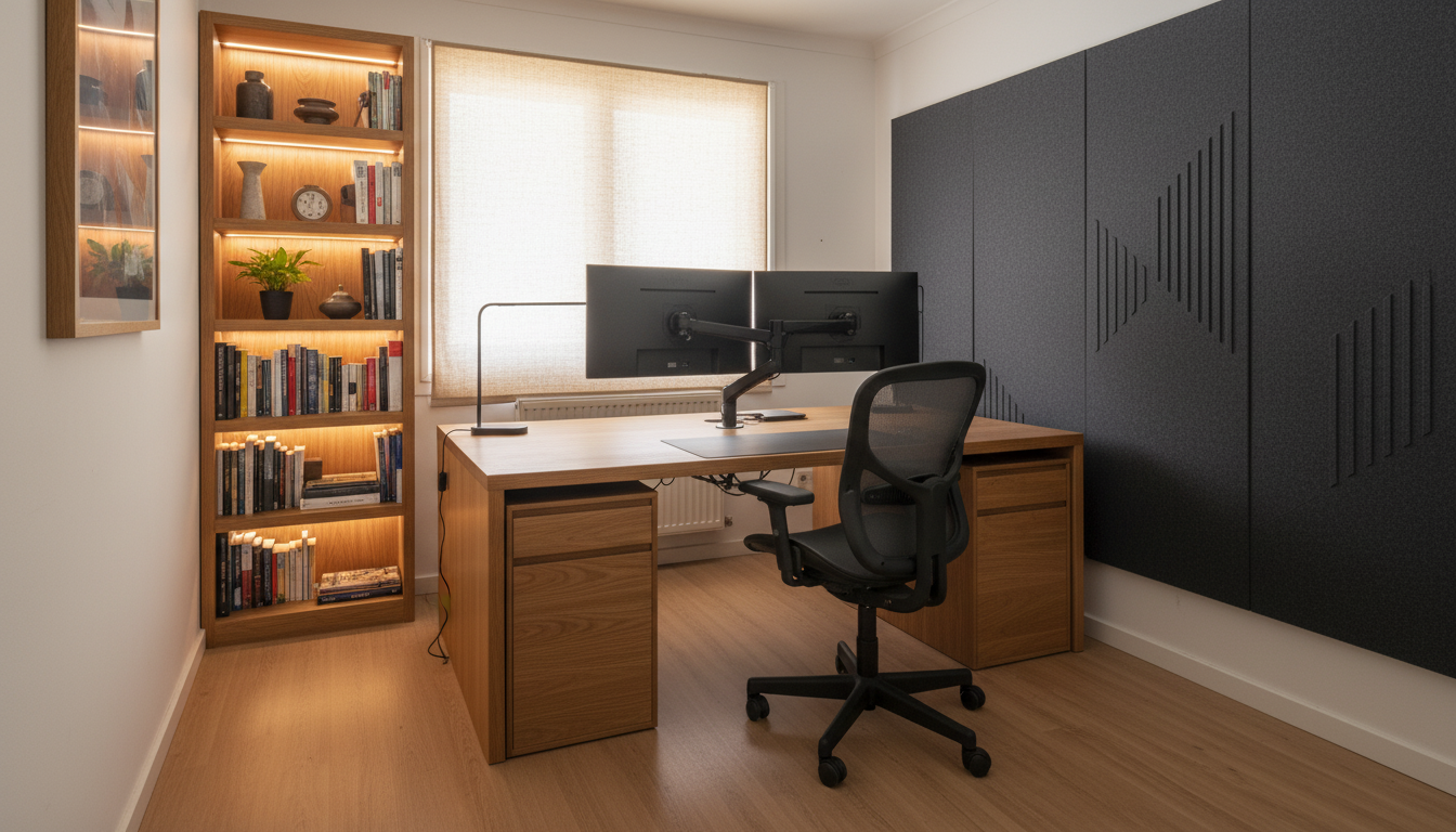 Despacho Palma después: escritorio L oak, silla ergonómica, paneles acústicos