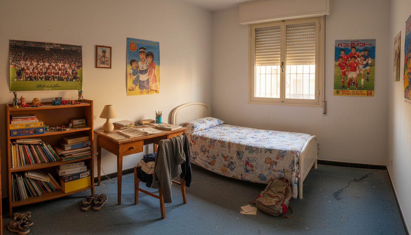 Dormitorio estudiante Sevilla antes: cama 90 infantil, pósters descolgados, mesa diminuta