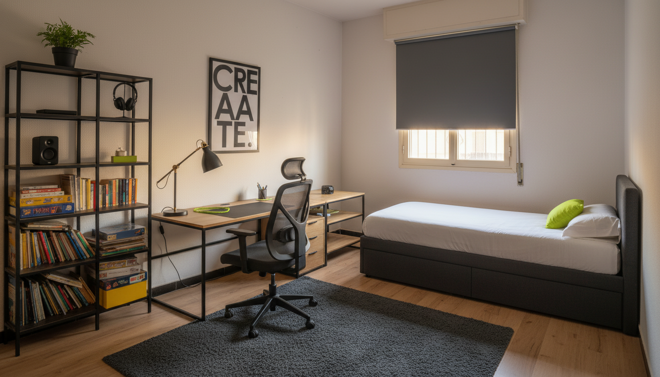Dormitorio estudiante Sevilla después: cama 120, escritorio ergonómico, paleta charcoal + lime