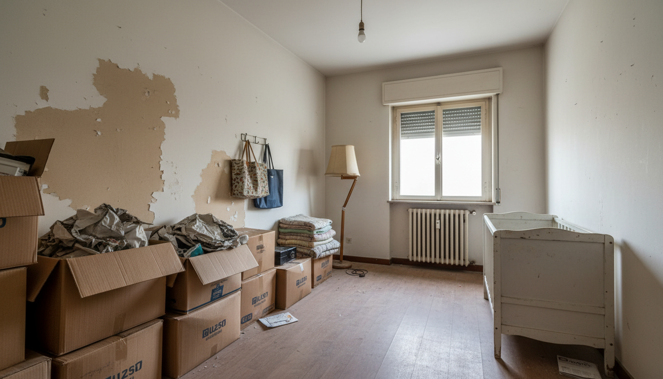 Habitación bebé Valencia antes: cuarto trastero con cajas y pared desgastada