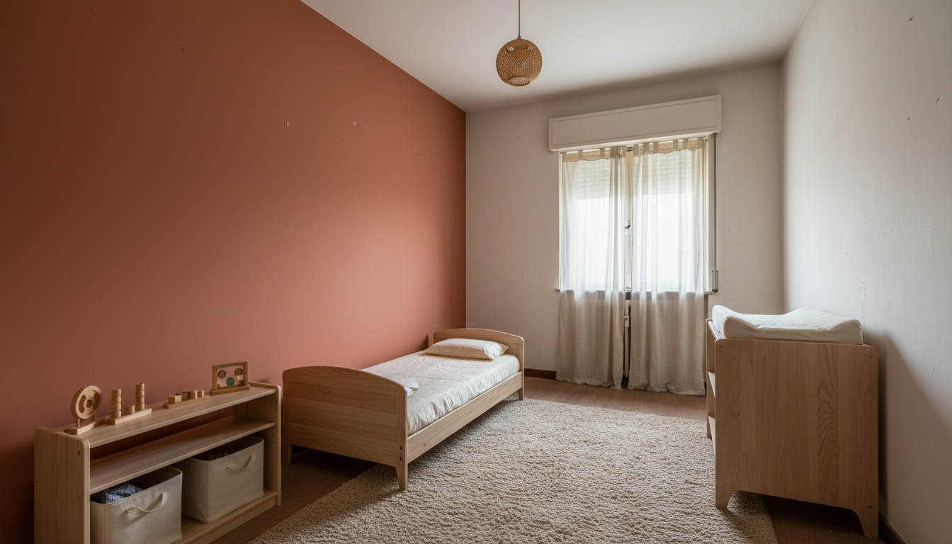 Habitación bebé Valencia después: cuarto montessori sereno, tonos neutros + terracota