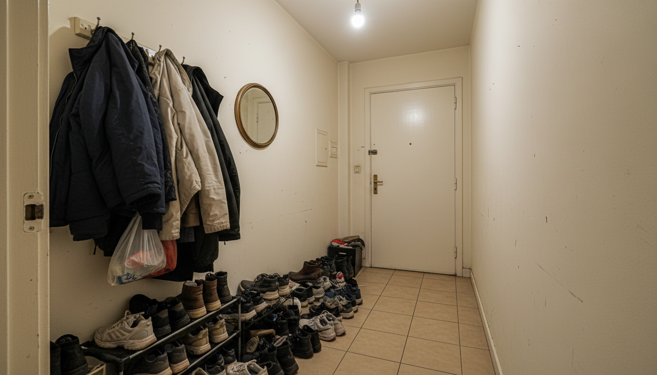 Recibidor A Coruña antes: zapatos tirados, bolsas colgando, espejo minúsculo