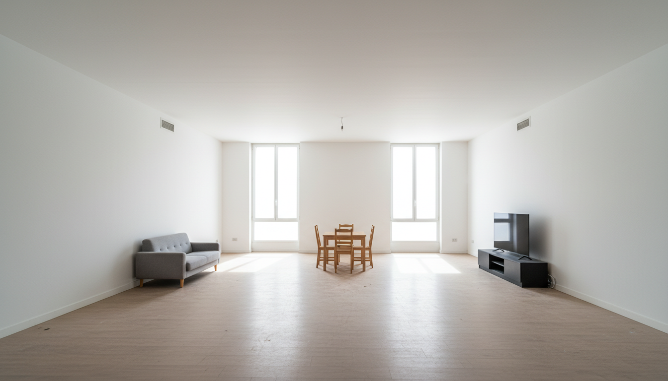 Salón grande Zaragoza antes: 42m² vacíos, sofá pequeño perdido, comedor apartado