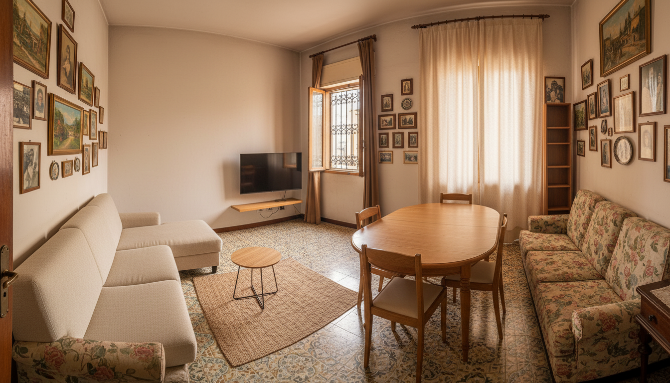 Salón mini Málaga después: chaise compacto, mesa extensible, estantería vertical