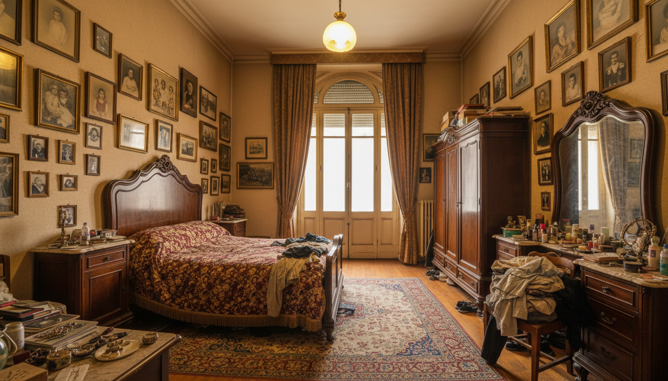 Suite principal Barcelona antes: muebles heredados, cortinas pesadas, iluminación amarilla